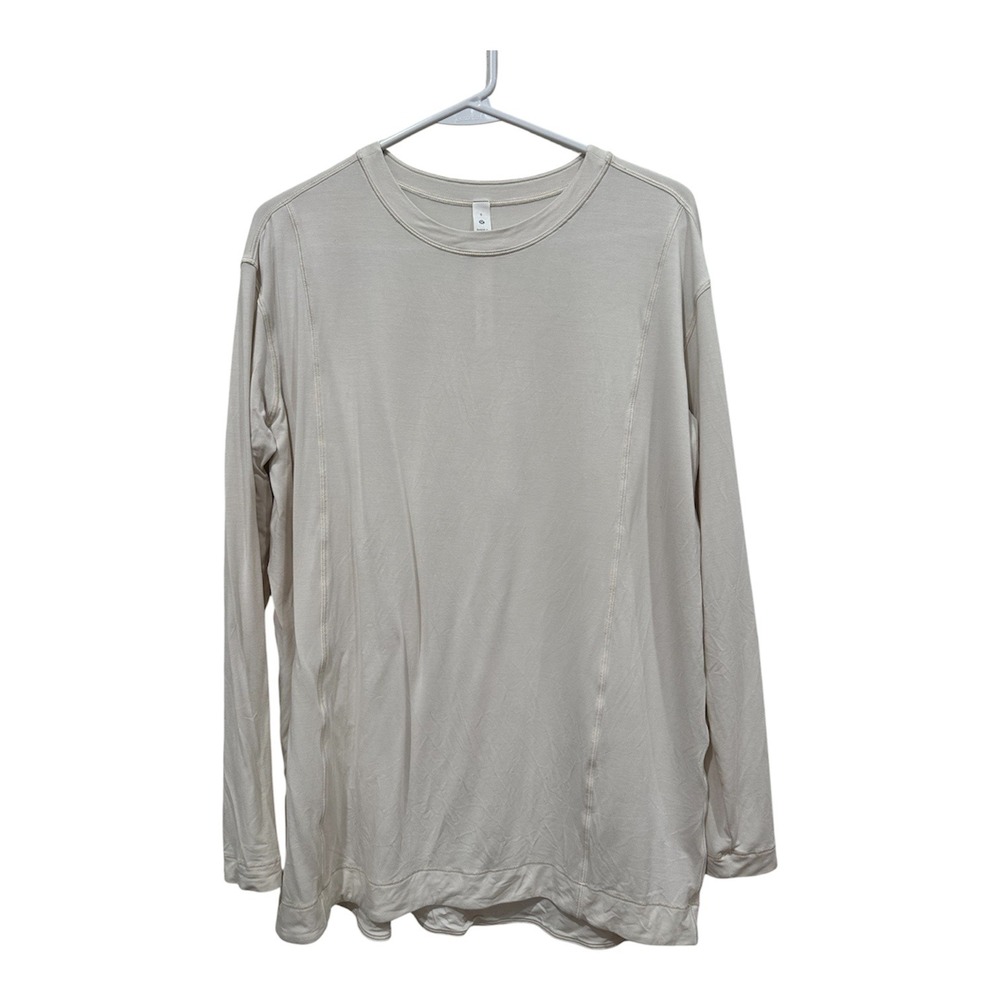 Lululemon Hold Tight Long Sleeve Shirt Beige Modal Size 6 Pleated Back Top